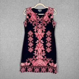 JM Collection Dress Small Navy Pink Medallion Slinky Liquid Career Knit Southern